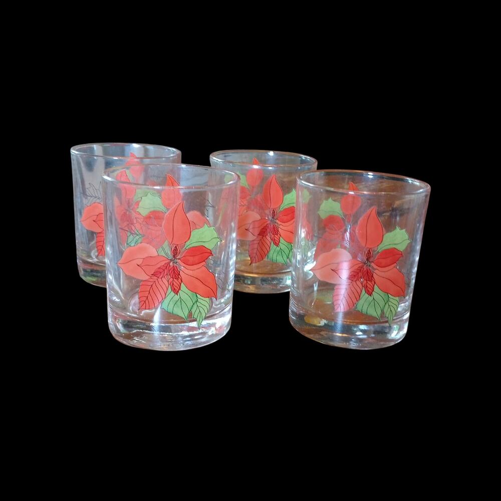 Vintage Set of 4 Poinsettia Crisal Portugal Old Fashioned Glasses - Original Box